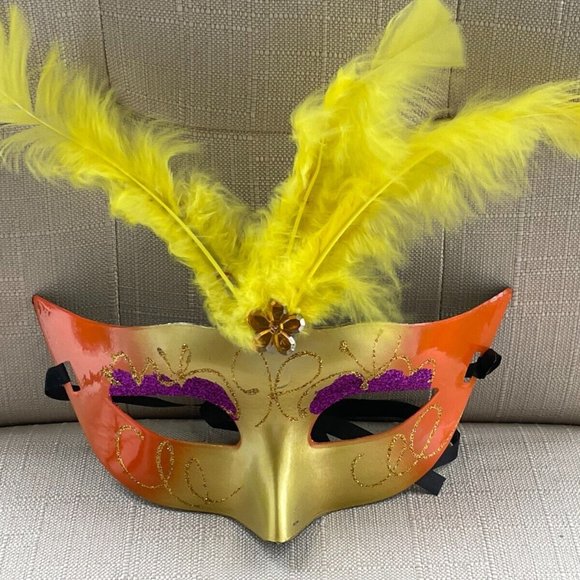 Eye Mask Yellow Faux Feather Mask Masquerade Light Up Mask Women Mask - Picture 2 of 10